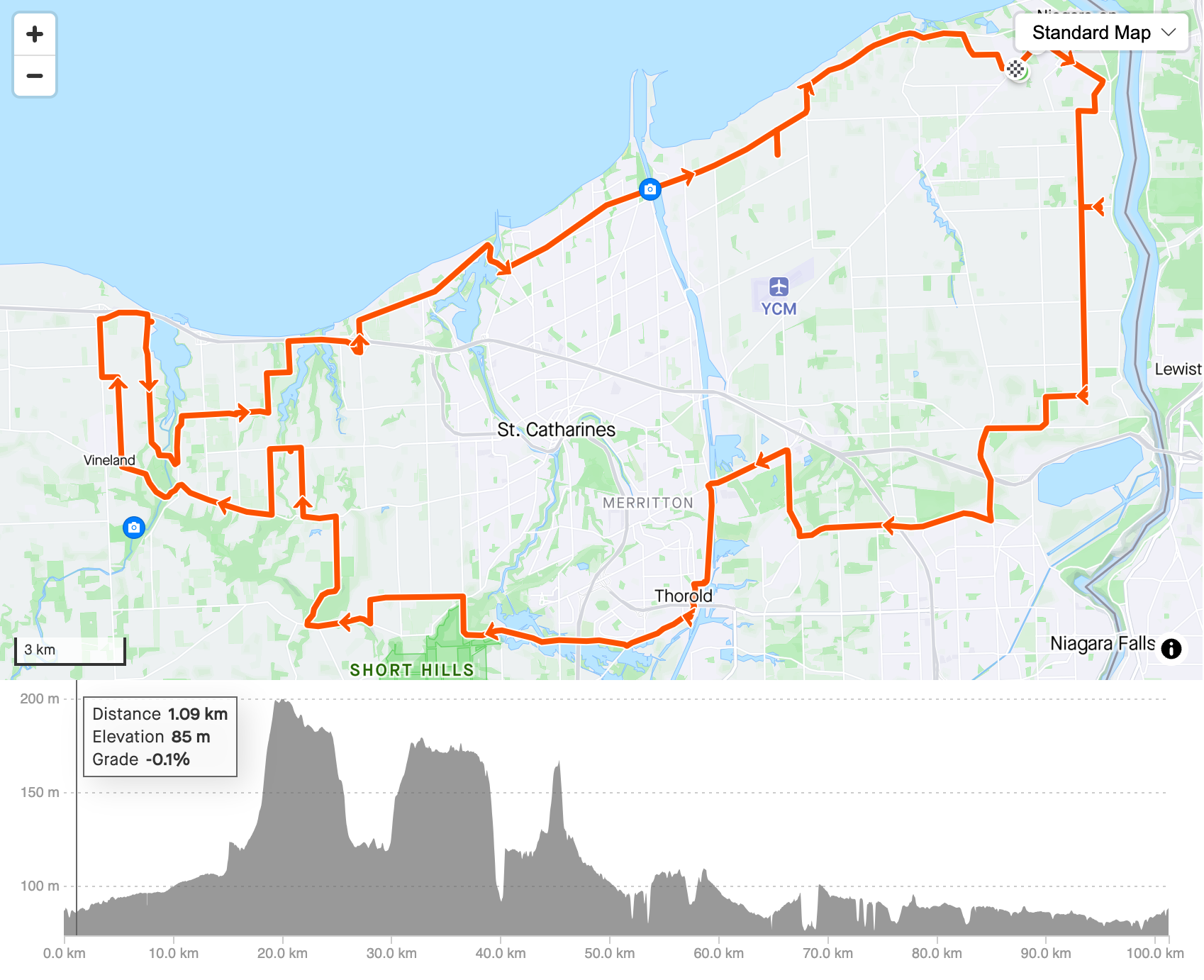 100km route and elevation
