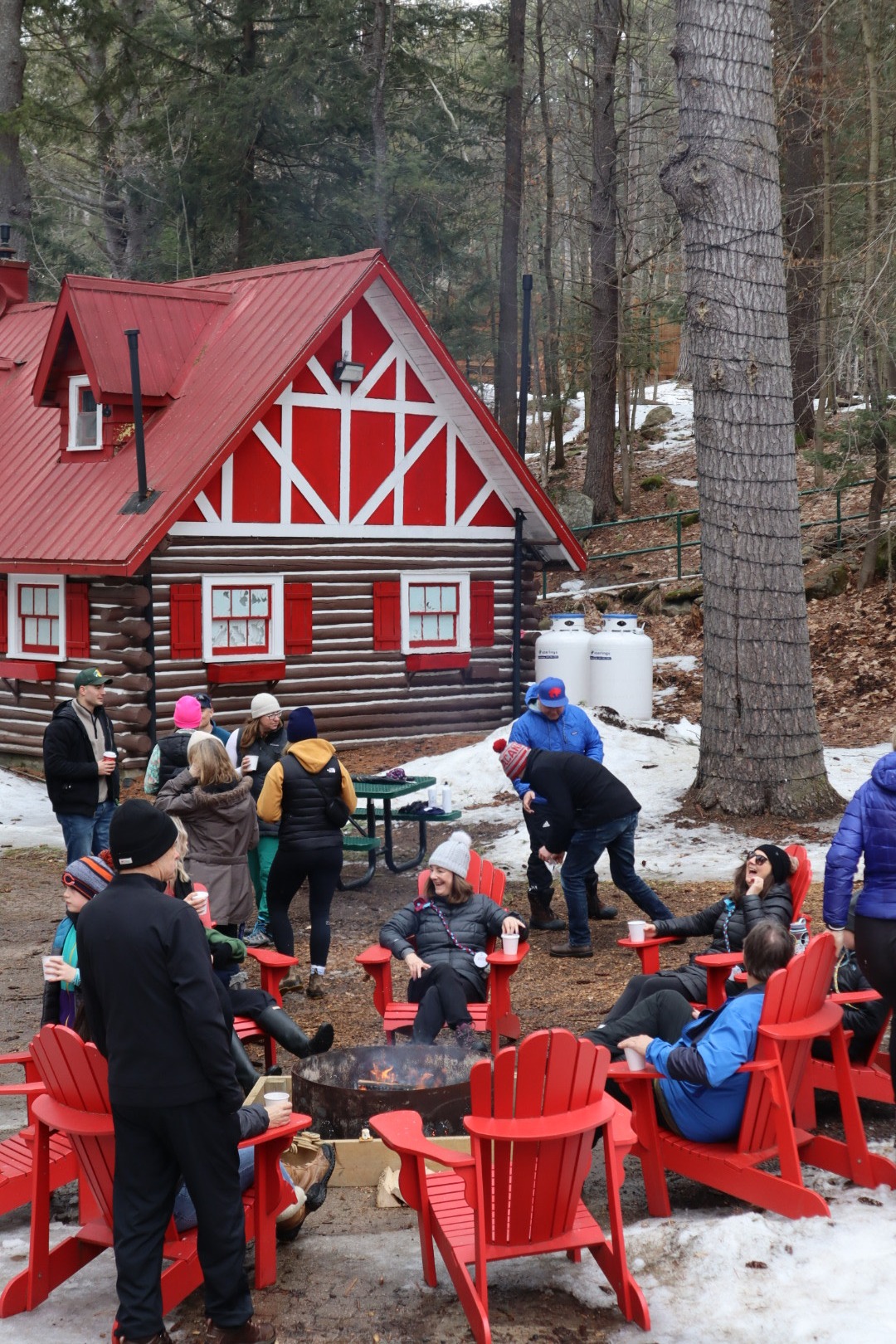 people around a campfire in the woods during winter