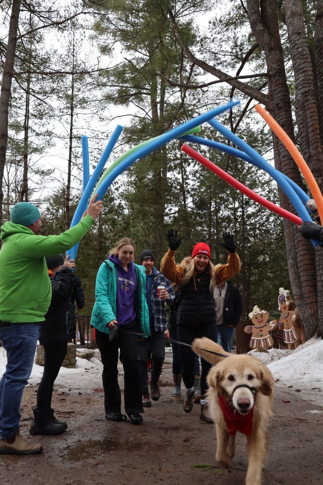 participants with dog walking through pool noodle tunnel