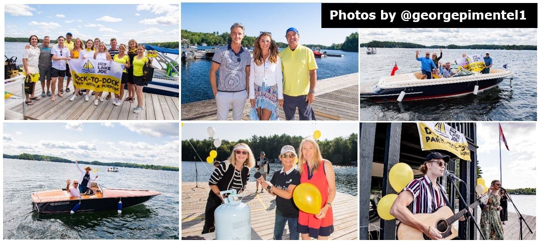 Six images of CNIB Lake Joe Dock-to-Dock: Poker Run in 2021. Event participants are smiling, enjoying live music, boating, and waving to the camera